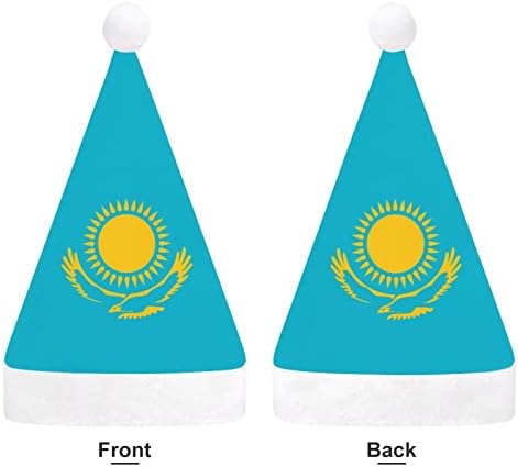 Плюшен коледна шапка с флага на Казахстан, палави и сладки шапки на Дядо Коледа с плюшени полета и удобна подплата,