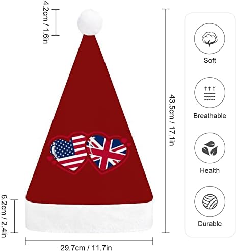 Коледна шапка с сърце под американски и британски флаг, шапка на Дядо Коледа, забавни коледни шапки, шапки за
