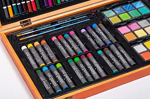 Луксозен художествен набор от MAHITOI 82 БР, компактен преносим дървен калъф, 24 цветни молива, 24 маслени пастели, 24 цвята, 2 четки, 2 Молива за рисуване, острилка за моливи,